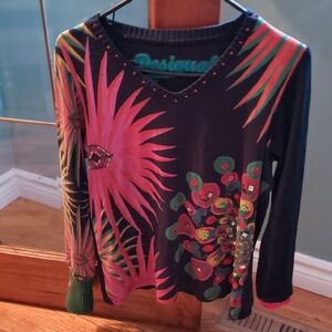 Desigual Women's V-Neck Sweater with Pink and Green Floral Design